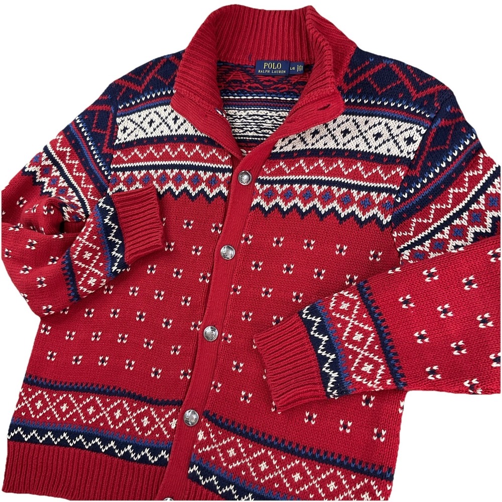 Polo Ralph Lauren Fair Isle Knit Cardigan Sweater Buffalo Nickel Buttons Mens L